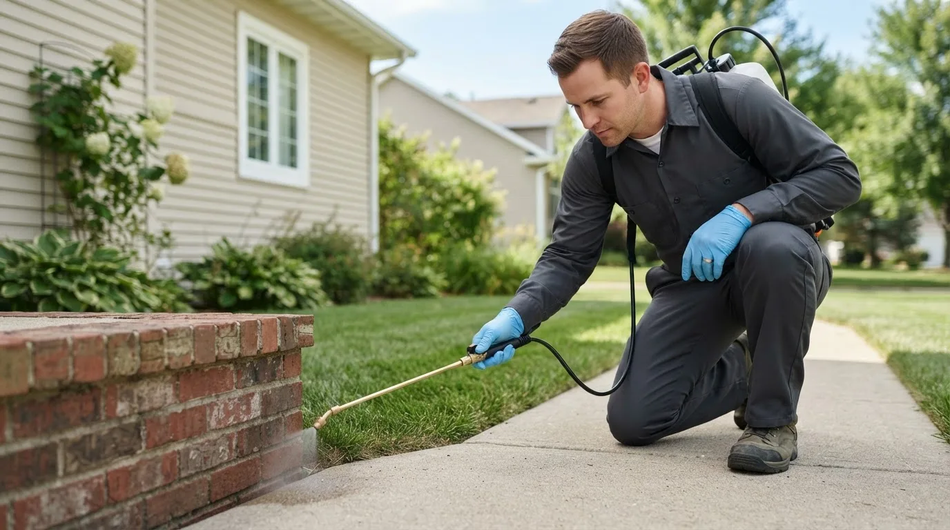 Pest control technician treating a home near La Fayette, NY